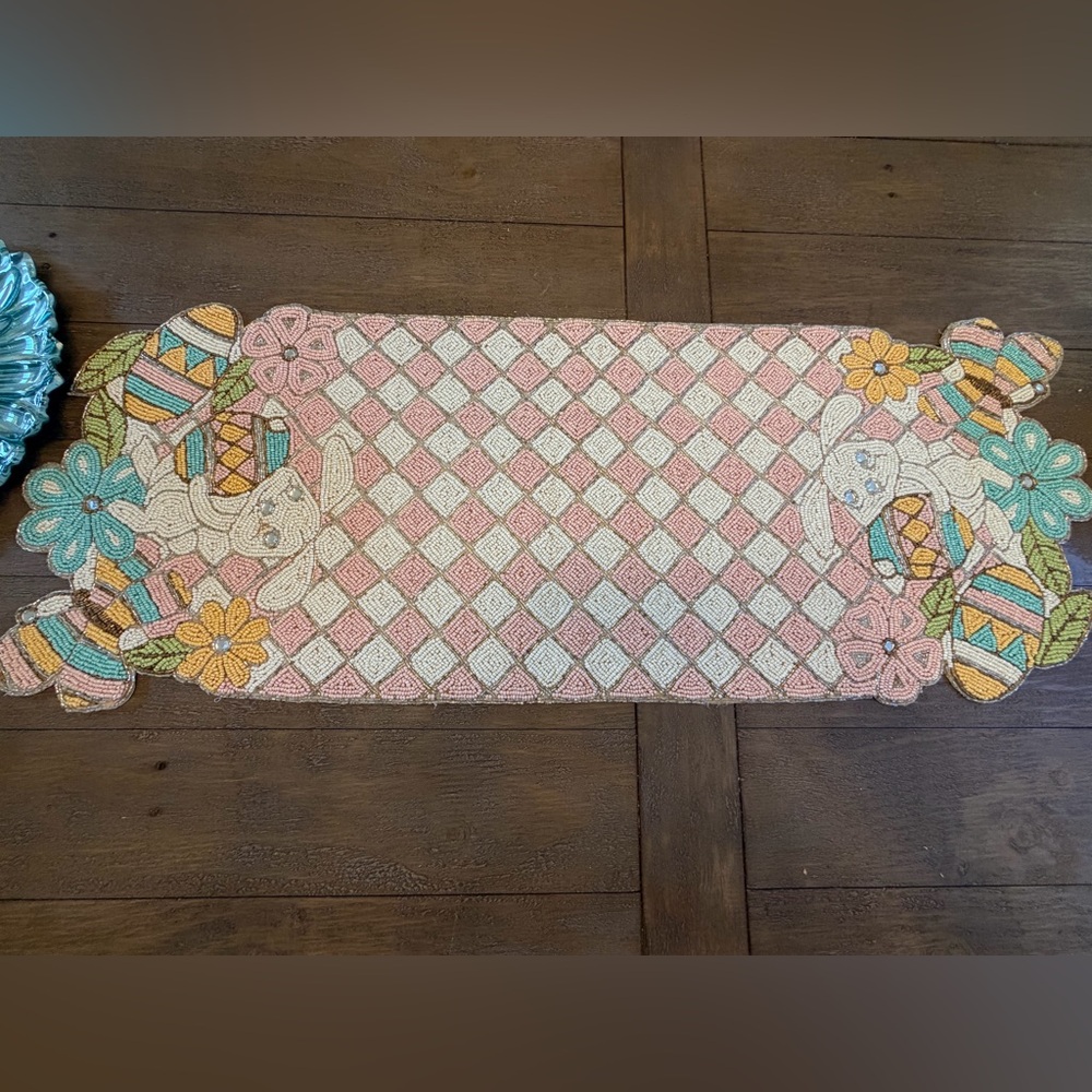 Beaded Pink & White Diamond Runner with Floral and Bunny Motifs